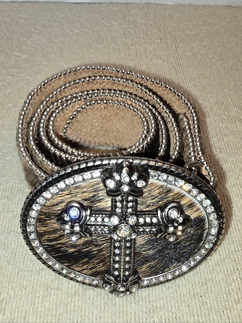 Cow Hair Leather Embellished Cross Western Belt Brown and Silver size M